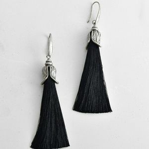 Boho Silk Tassle Earrings: Burnished Silver/ Black